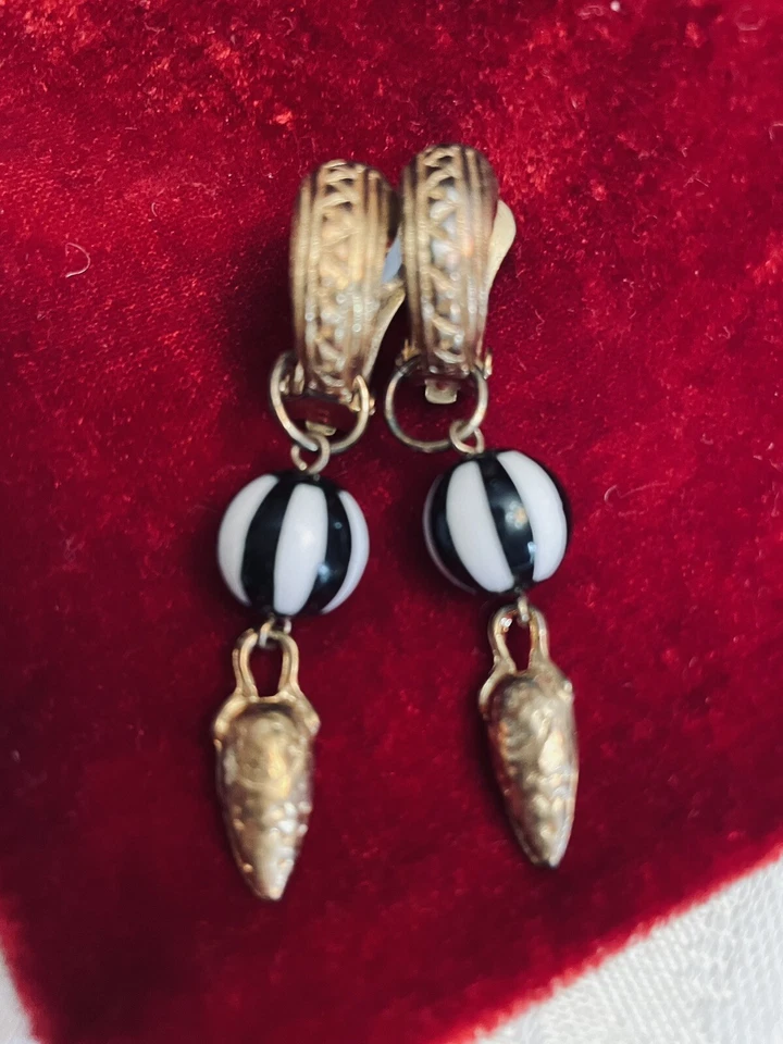 Retro Clip-on Earrings Etruscan Revival Stripe Bead + White & Black Drop Clipon - Image 4 of 4