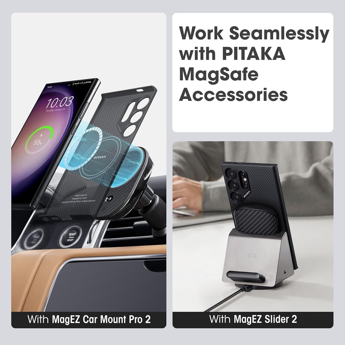 Samsung Galaxy S24 本体とPITAKA付属品 PITAKAが発売したGalaxy S24シリーズ用のスマホケースとアクセサリーの