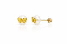 14k Yellow Gold Enamel Butterfly With Genuine Pearl Screw Back Stud Earrings