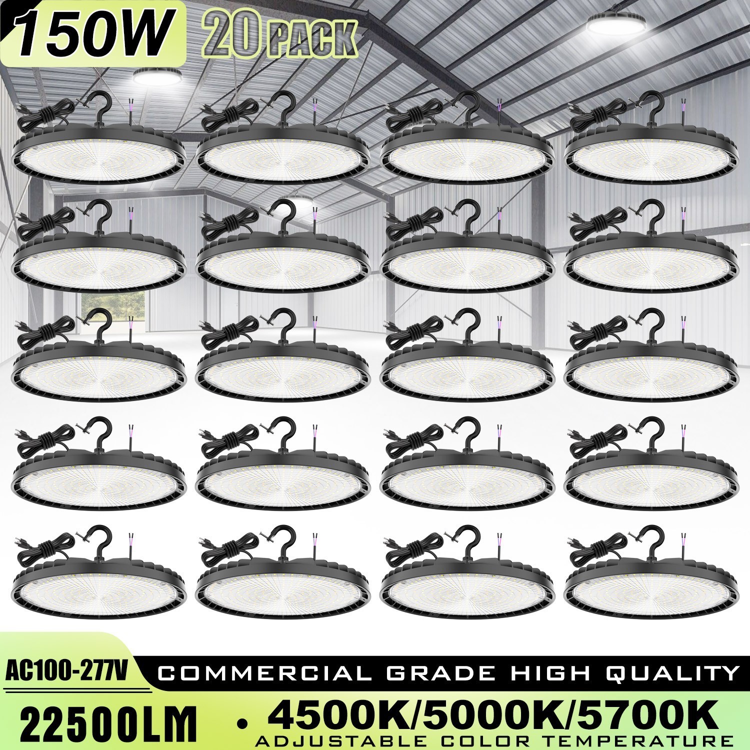 20 x 150W UFO LED High Bay Lights Dimmable Warehouse Lamp 4500K/5000K/5700K CCT