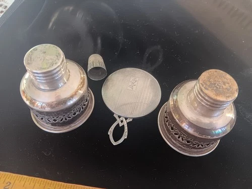 LOT of Antique Sterling Silver - 2 Gorham Bobeches - Thimble - Tiny Mirror