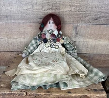 Vintage Cloth Rag Doll 16” with Buttons and Fancy Stitching