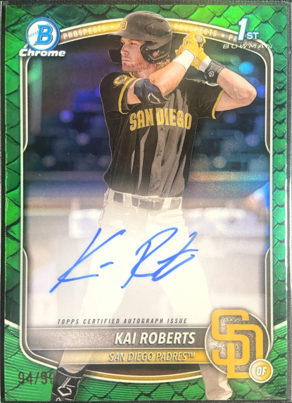 2025 Bowman Chrome Prospect Kai Roberts #CPA-KR 1st Green Reptilian Auto 94/99
