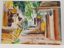 Vintage Original Watercolor of a Tropical Street Scene. Unknown Artist.