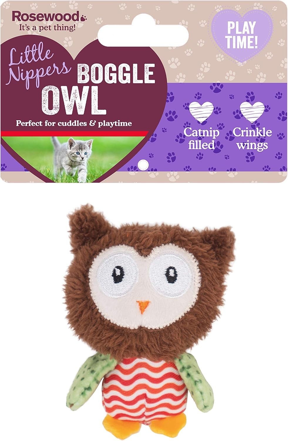 Rosewood Little Nippers Boggle Owl Kitten Toy - Catnip Filled, with Crinkly Wing