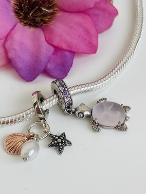 Set 2 Charms Schildkröte und Meeresschätze in Silber mit Kristallen    