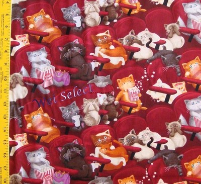BTY Movie Time Scared Cat Kitty in Theater Wine Cotton Fabric By The Yard