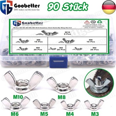 90tlg Flügelmuttern Sortiment Set DIN315 M3-M10 Edelstahl Muttern Ohrenmuttern