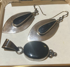 Sterling Silver 925 Black Onyx Oval Pendant & Drop Earrings Jewelry Set Signed
