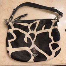 Prada Calf Fur Leather Hand Bag Giraffe Pattern Beige Vintage Authentic Used
