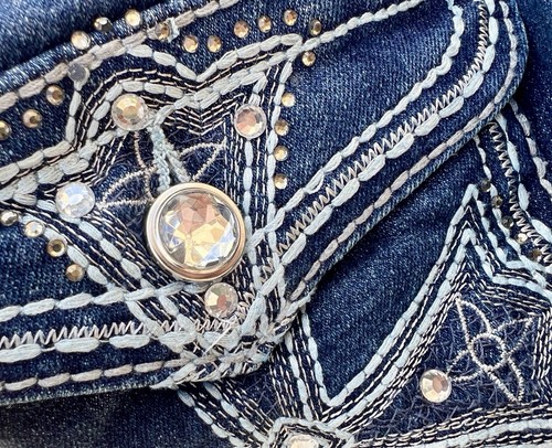 Mudd Jeans Size 9 Bootcut Bling Blue Rhinestone Flap Embroidered Pocket Low Rise - Picture 4 of 7
