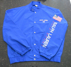 Blue Vtg 90s Polo Sport Ralph Lauren jacket with red, white, and blue diagonal stripes and visible “RL” logo.
