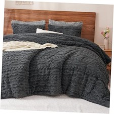 Fluffy Sherpa Fleece Comforter Set, 3 Pieces Warm Fuzzy Soft Queen Dark Grey