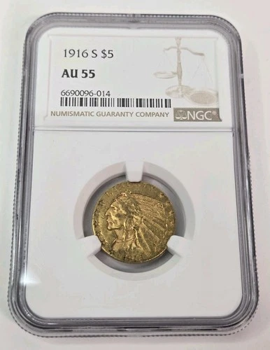 1916-S $5 INDIAN HEAD GOLD HALF EAGLE NGC AU 55