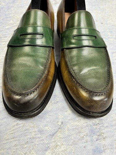 RARA scarpe mocassino SANTONI in pelle EU40,5 verde/giallo/marrone Made in Italy - Foto 3 di 17