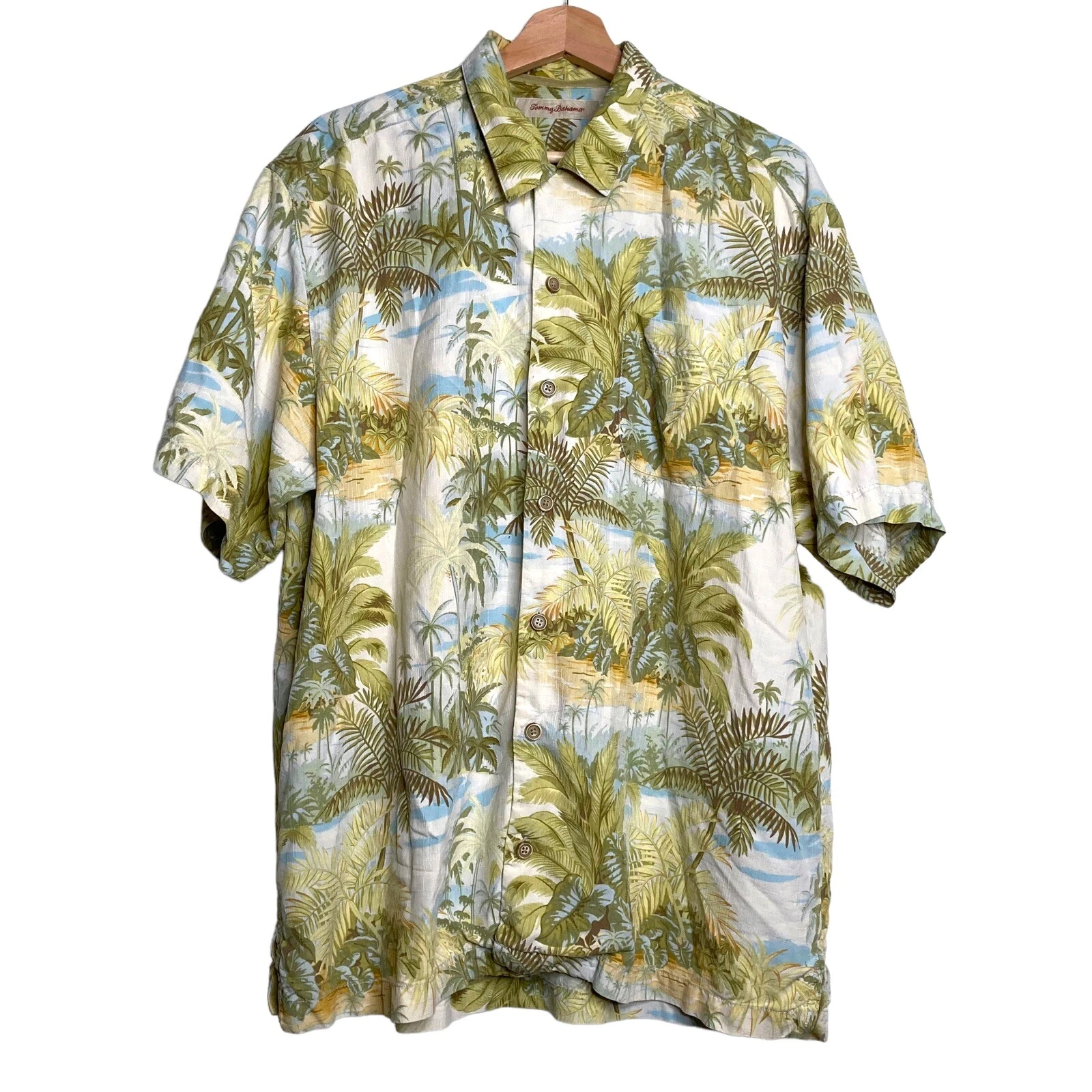 Tommy Bahama Silk Hawaiian Shirt Mens L Aloha Button Up Tropical Palm Trees