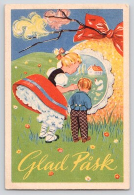 1940s Sweden Easter Postcard Children View Panoramic Sugar Easter Egg Town Scene