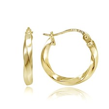 Gold Tone over Sterling Silver 2mm Twist Round Hoop Earrings, 15mm