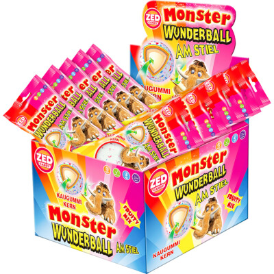 ZED Monster Wunderball Fruity am Stiel mit Kaugummi Kern 60g 16er Pack