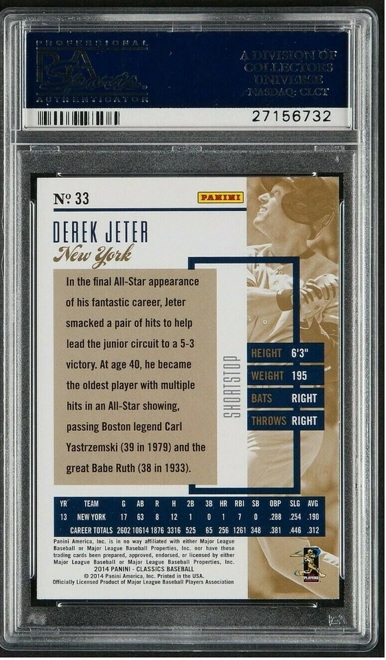 2014 Derek Jeter Panini Classics  Baseball Card Graded PSA Gem Mint 10 - Image 2 of 2