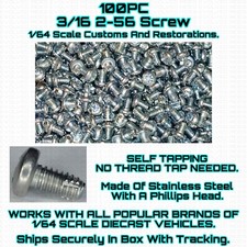 100PC 3/16th 2-56 Screw Self Tap FOR 1/64 Scale Custom Restoration Hot Wheel