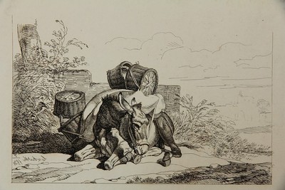 C.W.HEIDECK (1788-1861) Ruhender Esel mit Weidenkörben, 1831, Radierung