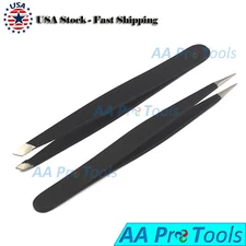 2 Pcs Eyebrow Tweezers Stainless Steel Pointed Slanted Tip Hair Removal Black