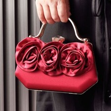 New Silk-Like Satin Women's Evening Bag Rose Flower Flower Purse Wedding