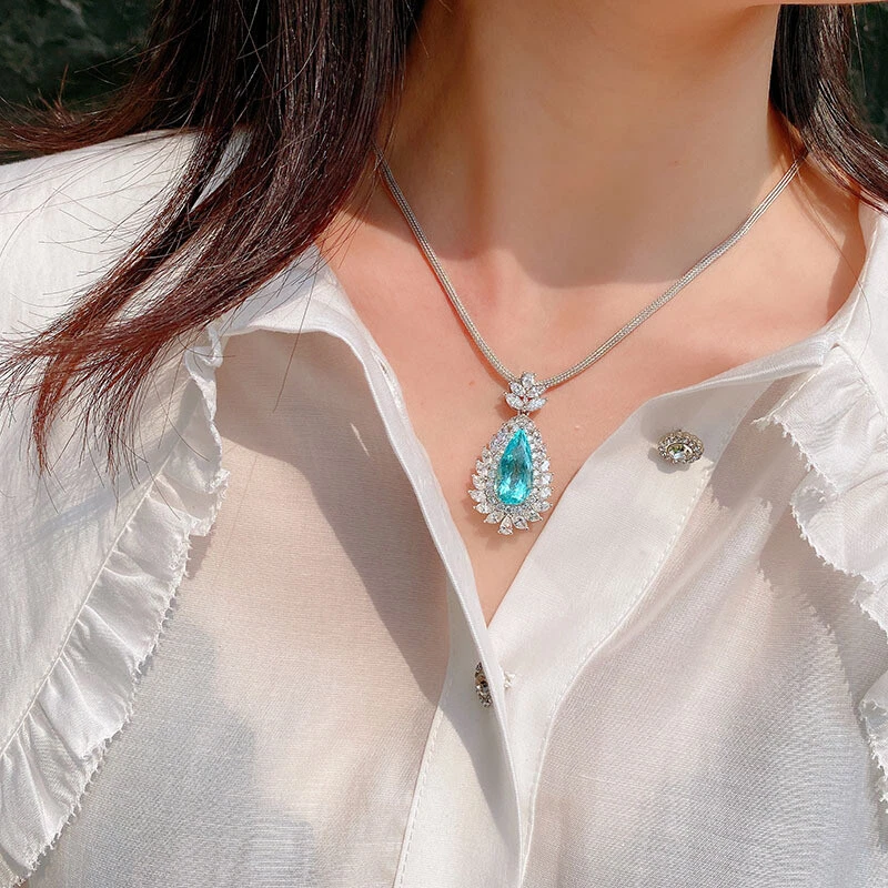 Colgantes colgantes collar gota plata piedras preciosas turmalina azul neón lágrima europea Foto 3 de 4