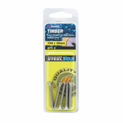 Zenith 10G x 38mm Stainless Steel Long Thread Countersunk Head Timber Screws - 5