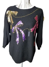 Vintage sweater L silk blend embellished WORK IN PROGRESS Bows & Beads, Black