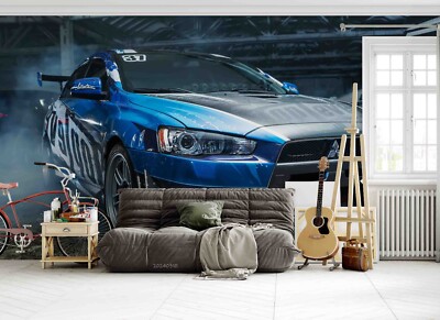 3D Blue Sports Car Self-adhesive Removable Wallpaper Murals Wall