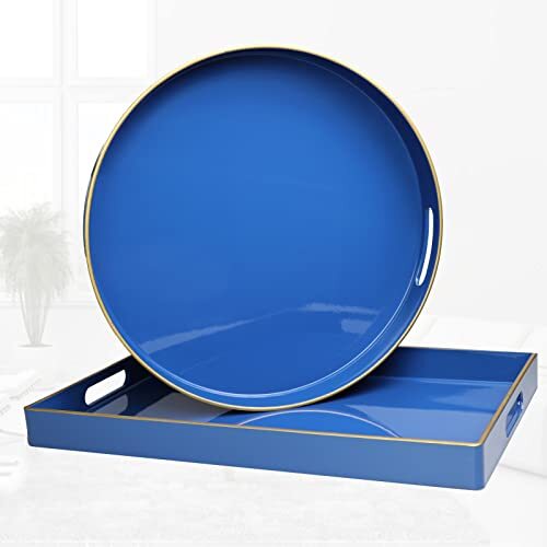 Blue Decorative Tray, Elegant Plastic ServingTray with Handles, Navy