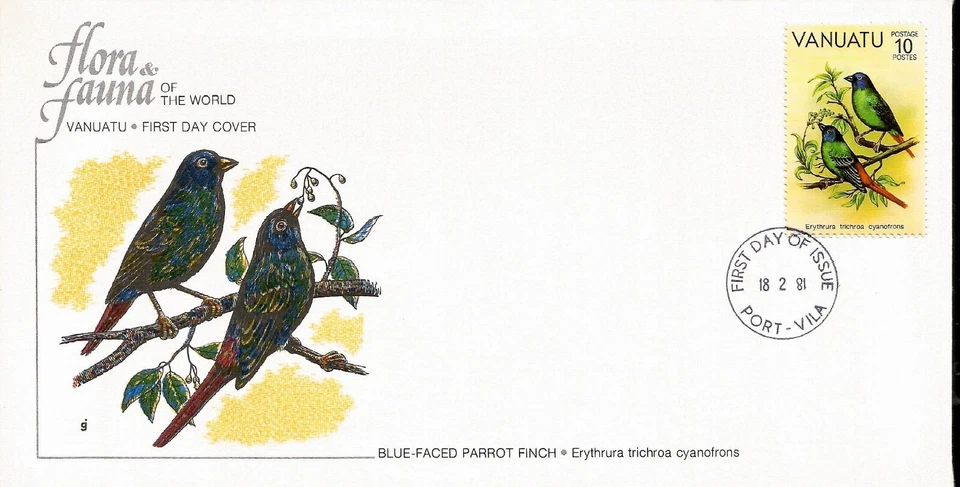 Exotic Birds Blue Faced Parrot Finch Vanuatu Pazifik Ersttagsbrief Vogel FDC - Bild 1 von 3
