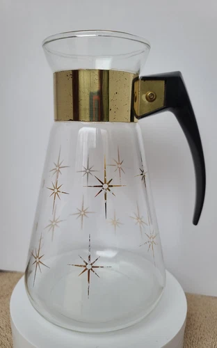 Corning Pyrex Atomic Gold Starburst Glass Coffee Carafe 6 Cup | MCM Vintage