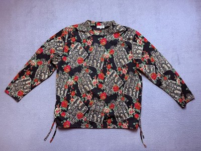 Vintage K. mitsuyo top womens size L Notre Dame Rose Print Sweatshirt Black