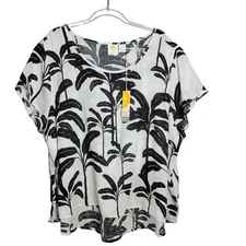 C&C California 100% Linen Top Plus Size 3X Boxy Palm Leaf Short Sleeve NWT