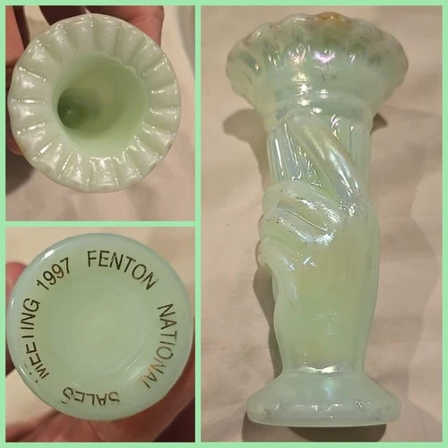 VTG Fenton Glass 1997 EMPLOYEE GIFT Hand Torch PROMO Bud Vase Iridescent Antique