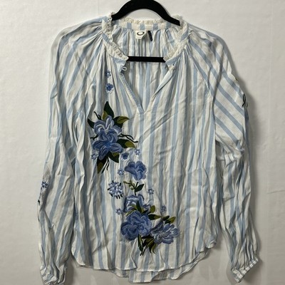 anthropologie Akemi + Kin Manuela embroidered Floral blouse Blue Stripe Size S