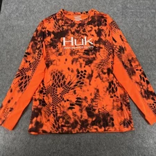 Huk Performance Fishing Shirt Mens XL Orange Kryptek Camo Long Sleeve Inferno
