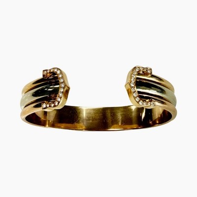 Cartier 18K Tri-Color Gold Trinity Double C Diamond Bangle Bracelet sz 16