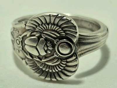 Silver Tone Egyptian Revival Winged Scarab Spoon Ring Size ~11 Lotus Pharaoh 