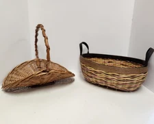 Lot of 2 Vintage Wicker Baskets Oval & Curved Front Storage Rustic Decor