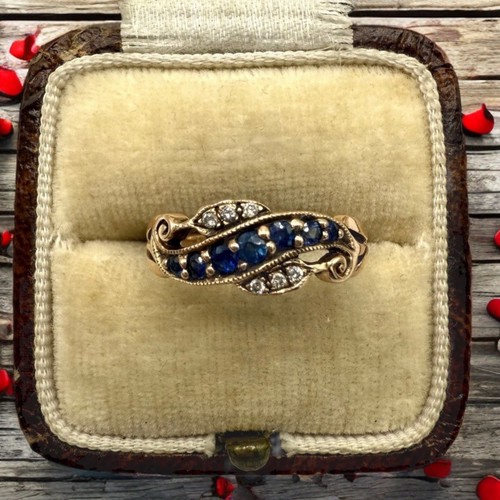 Vintage Solid Gold 9k Rose Gold Sapphire and Diamond Crossover Ring, Size 5.5
