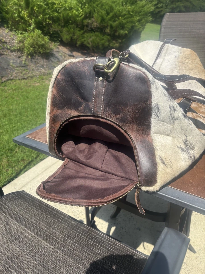 Myra Cowhide Leather Duffle Bag – Brown, Black & White Weekender Tote - Image 3 of 4