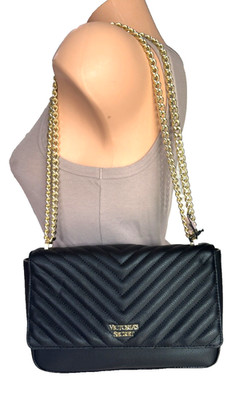 VICTORIA'S SECRET CROSSBODY SHOULDER PURSE CHEVRON BLACK MIDI BAG NWT GOLD CHAIN