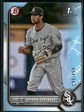 2022 Bowman Draft 1st Bowman Sky Blue /499 Jordan Sprinkle #BD-183 White Sox