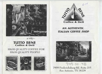 Tutto Bene Menu Authentic Italian Coffee Shop San Antonio 2004