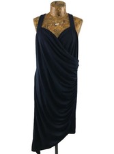GRACE KARIN DRESS XL NAVY BLUE Halter Wrap Draped Stretchy Dip Hem Midi NEW BNWT