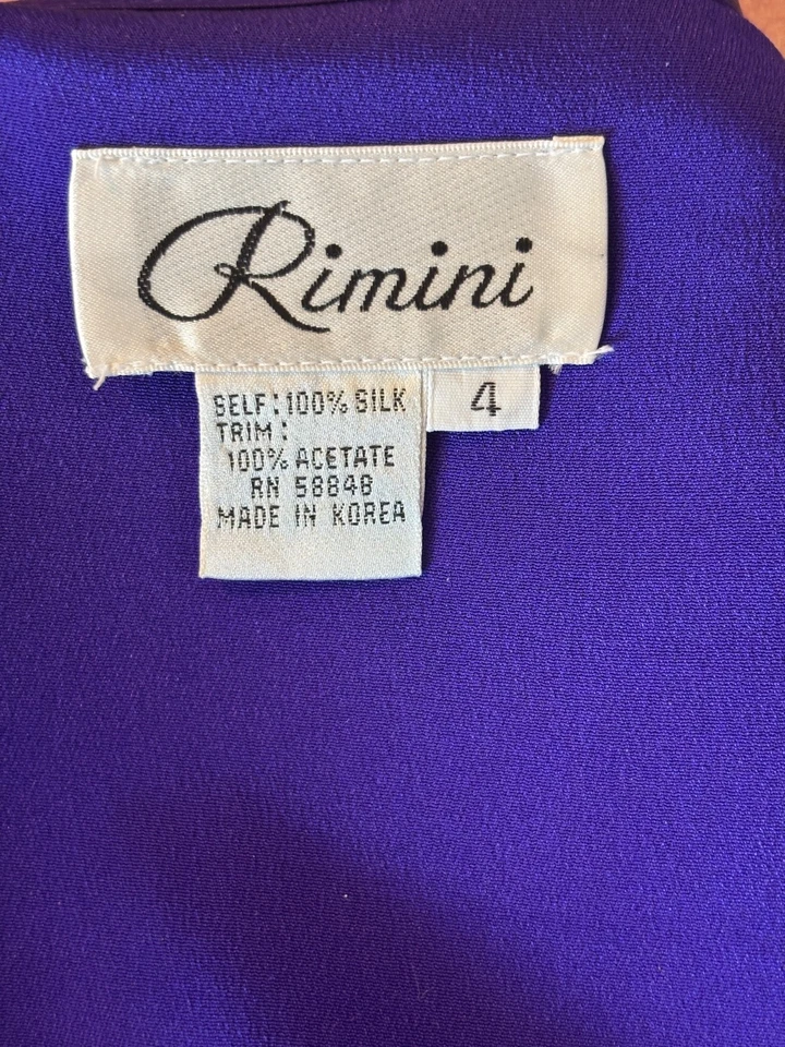 Conjunto de chaqueta y maxi falda vintage Rimini años 80 100 % seda peplum azul púrpura talla 4 Foto 3 de 4